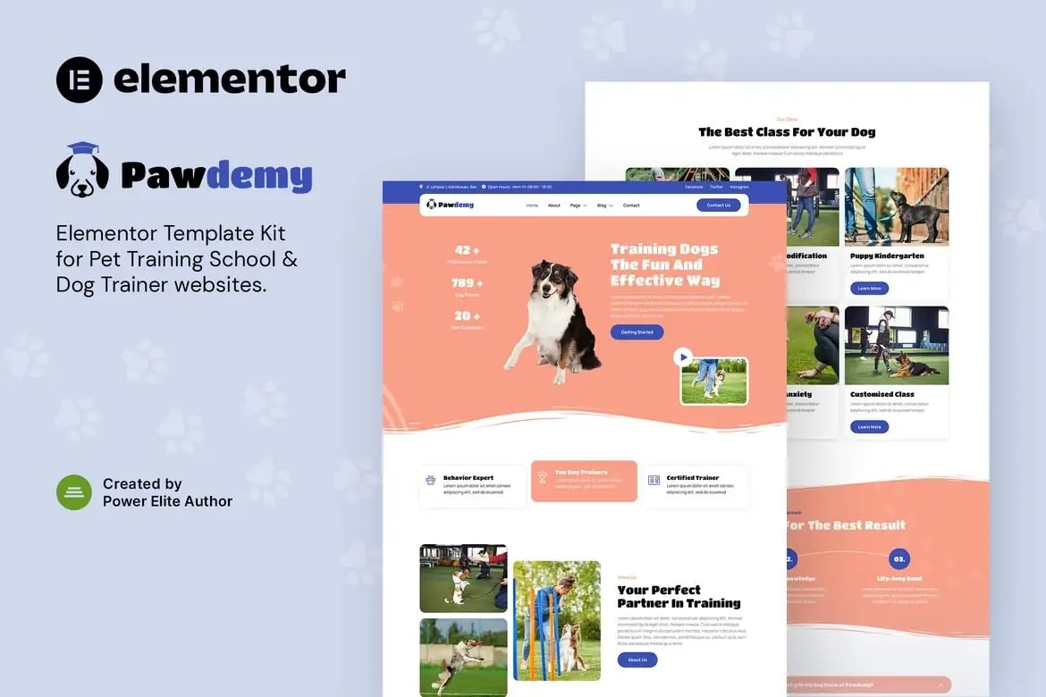 Pawdemy Template Kit Elementor de la Academia de Entrenamiento de Mascotas