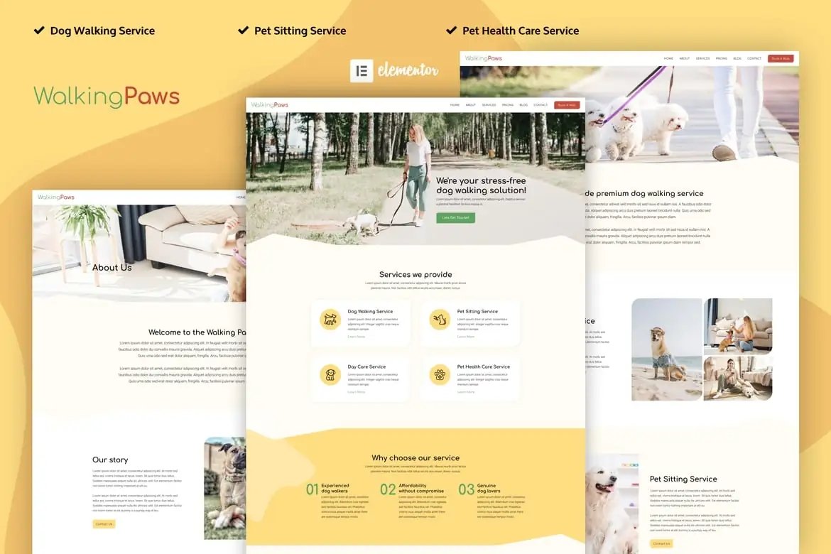 Walking Paws - Kit de plantillas Elementor Pro para paseos de perros y servicios de mascotas