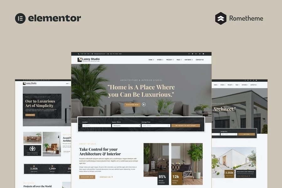 Luxxy - Kit completo de plantillas de sitio Elementor Pro para interiores y arquitectura