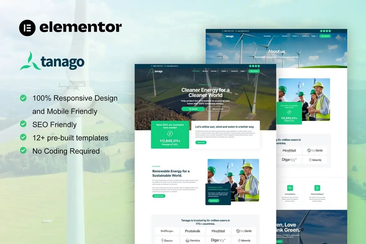 Tanago - Kit de plantillas Elementor Pro de energía renovable verde