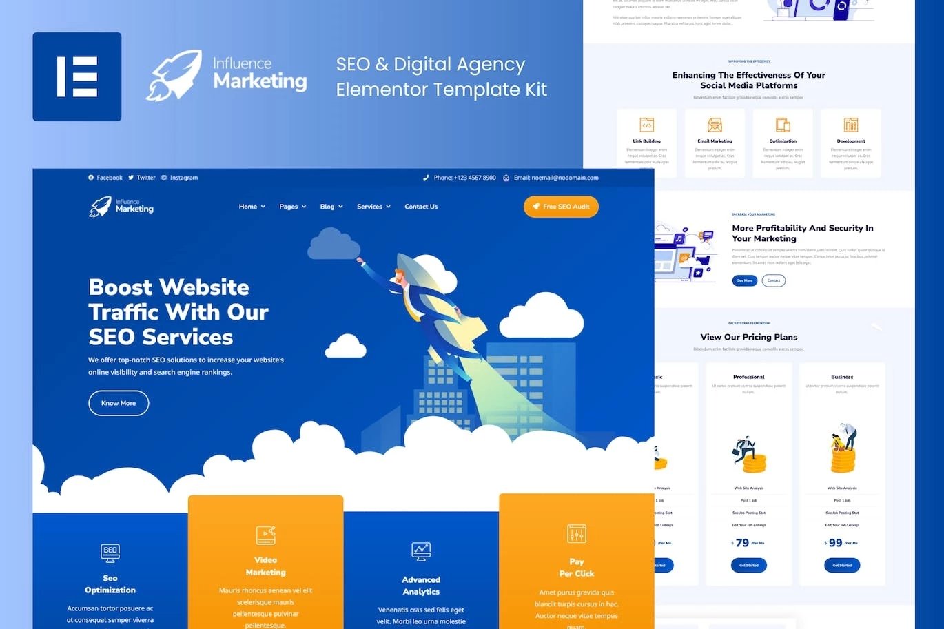 Influence Marketing Kit de plantillas Elementor Pro para agencias digitales y SEO