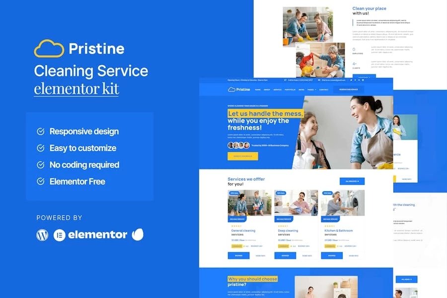 Pristine - Kit de plantillas Elementor para servicios de limpieza