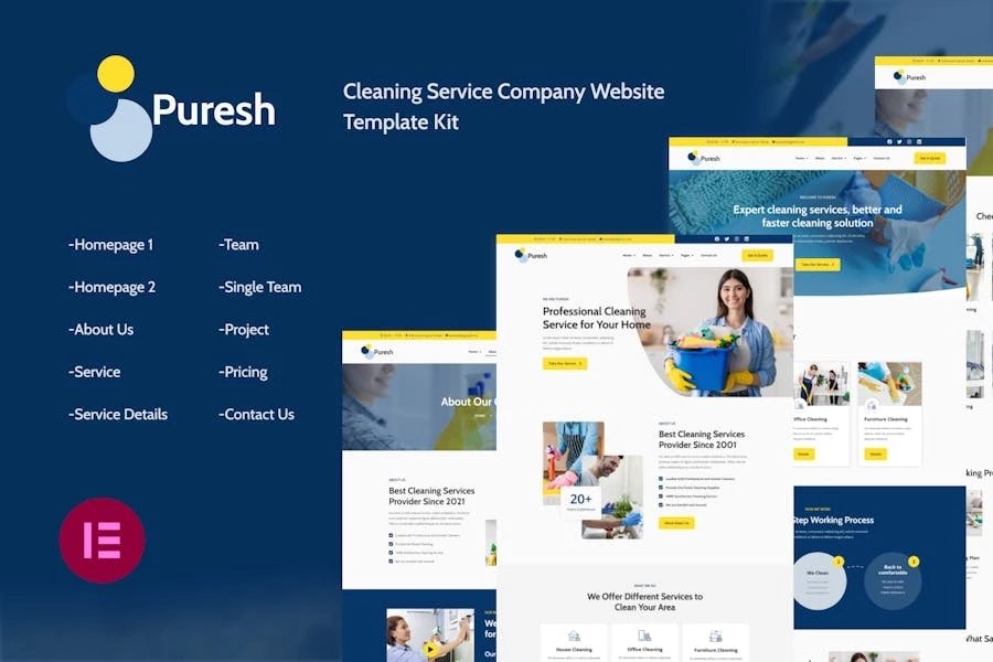 Puresh Kit de plantillas Elementor para empresa de servicios de limpieza