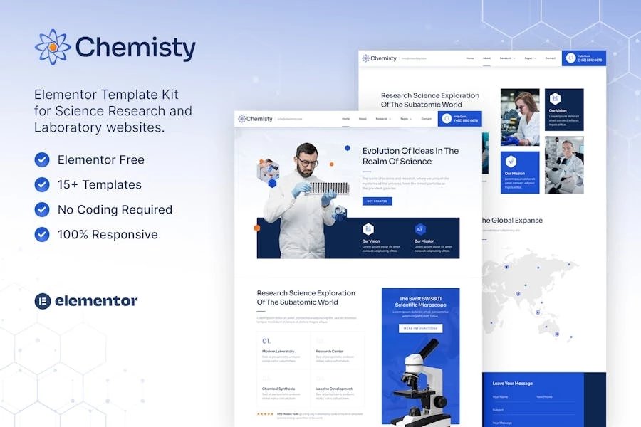 Chemisty Kit de plantillas Elementor para investigación científica y laboratorio