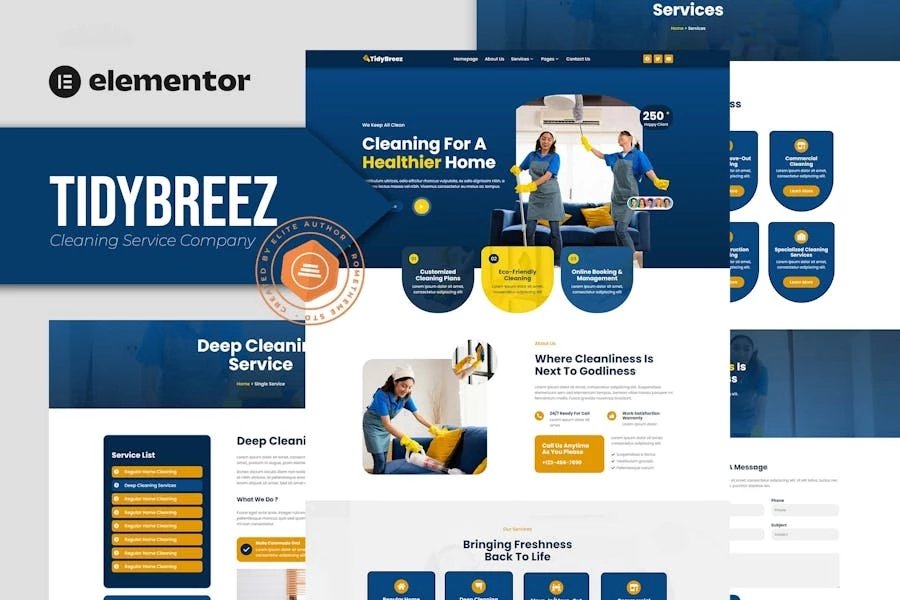 Tidybreez - Kit de plantillas Elementor para una empresa de servicios de limpieza