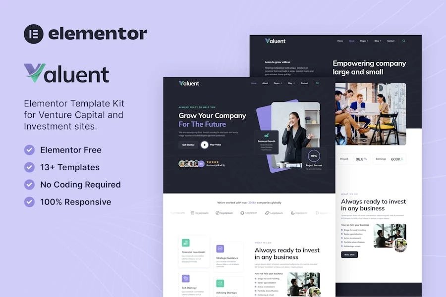 Valuent Template Kit Elementor para capital de riesgo e inversión