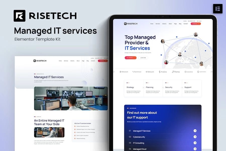Risetech - Kit de plantillas Elementor de servicios de TI gestionados