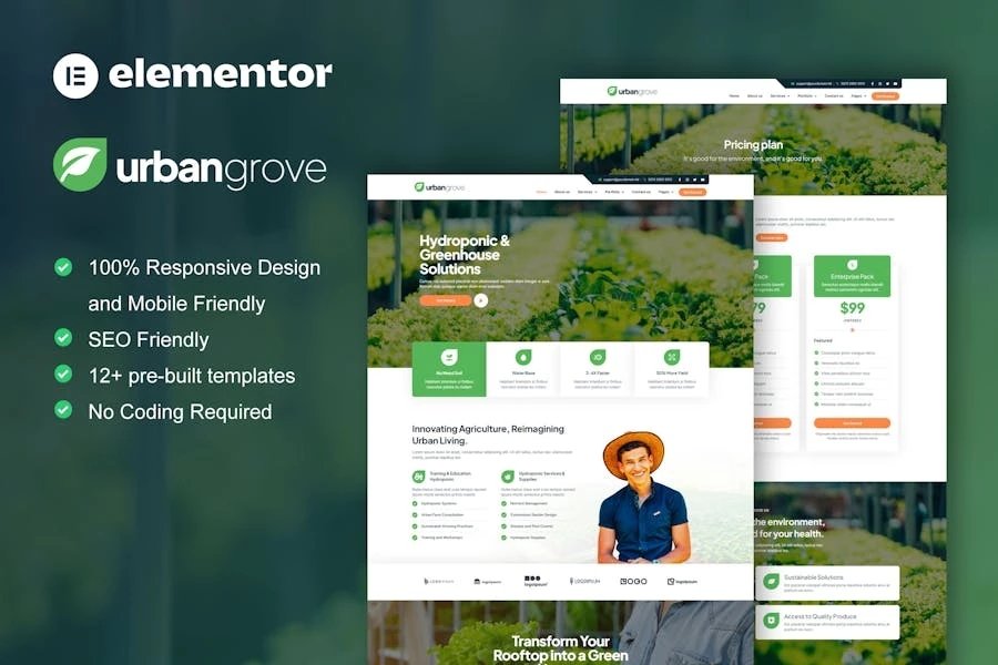 UrbanGrove - Kit de plantillas Elementor para hidroponía y agricultura