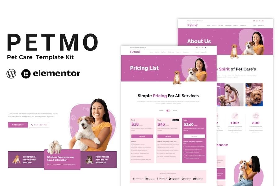 Petmo - Kit de plantillas Elementor para el cuidado de mascotas