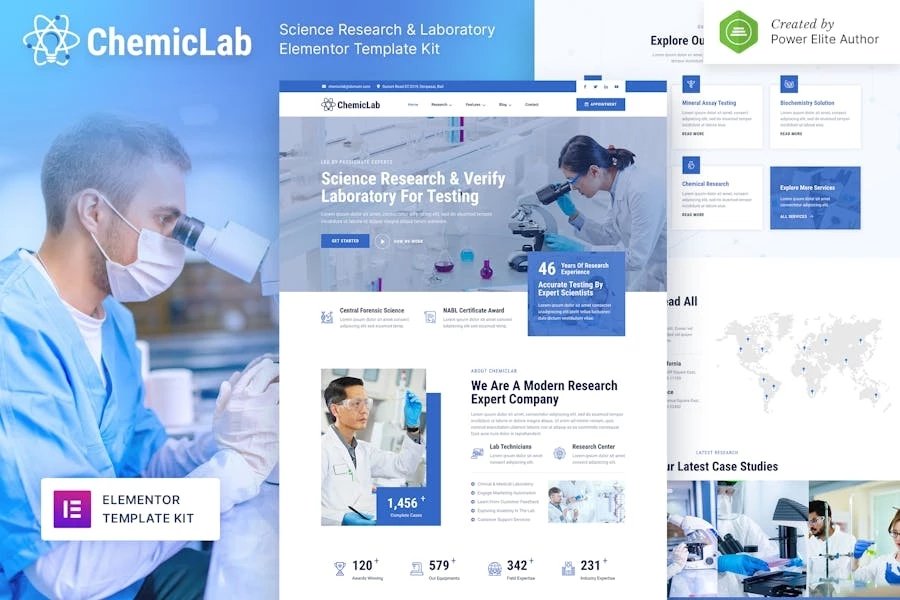 ChemicLab Template Kit Elementor de laboratorio e investigación científica