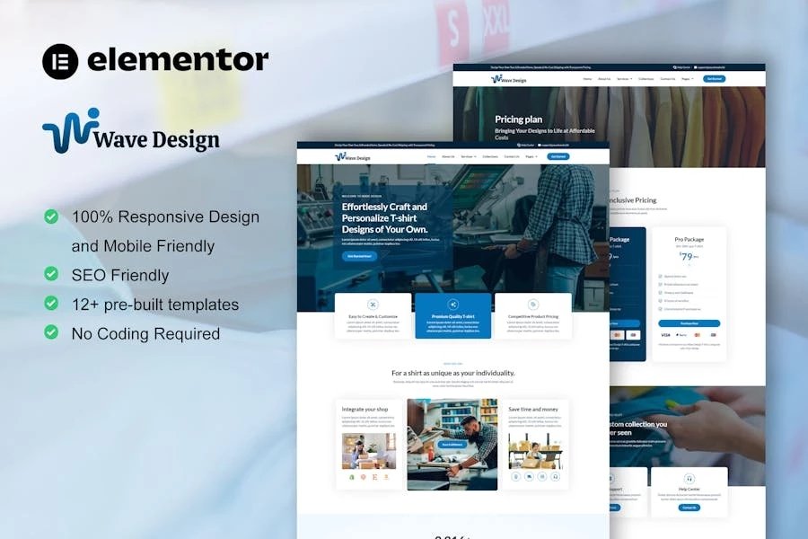 WaveDesign - Kit de plantillas Elementor Pro del servicio de diseño e impresión de camisetas