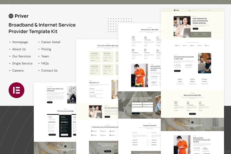 Priver - Template Kit Elementor Pro para proveedores de servicios de banda ancha e Internet