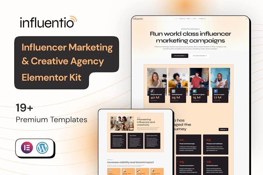 Influentio - Kit de plantillas Elementor Pro para agencia creativa y de marketing
