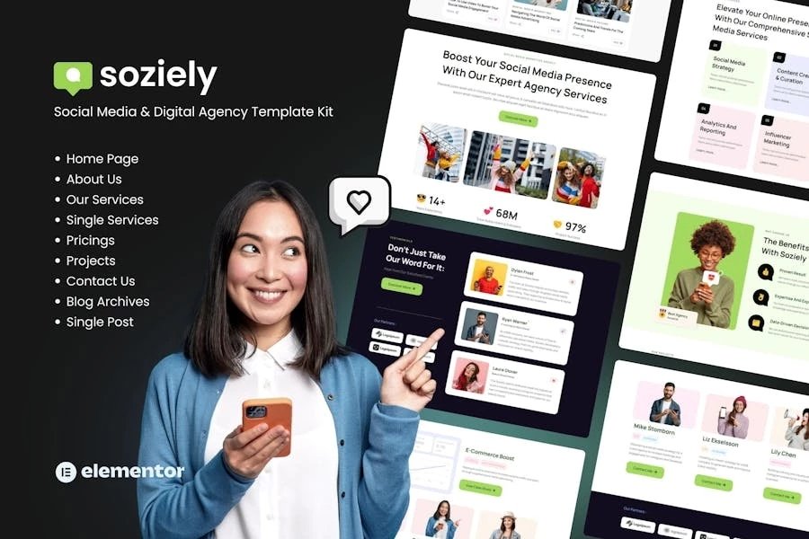 Soziely Template Kit Elementor para Agencia redes sociales y marketing digital