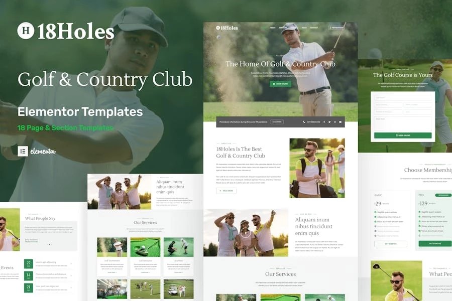 Kit de plantillas Elementor para sitios web de golf y clubes de campo de 18 hoyos