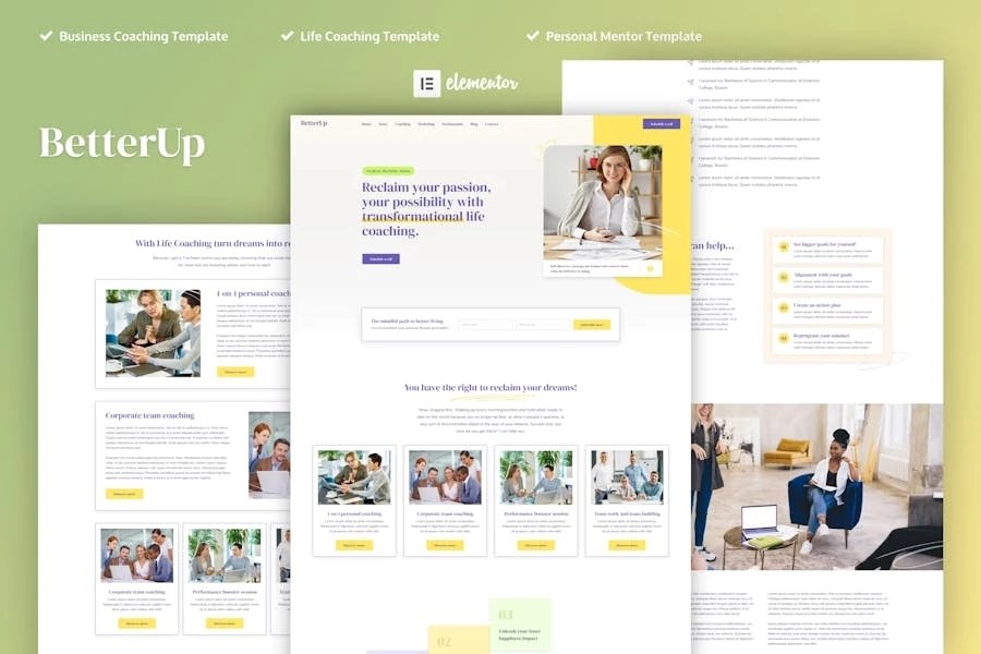 BetterUp - Kit de plantillas Elementor Pro para coaching empresarial y mentores