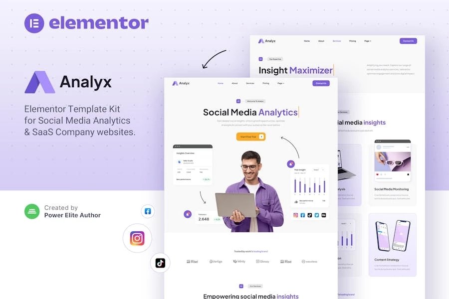Analyx Kit de plantillas Elementor para empresas de SaaS y análisis de redes sociales