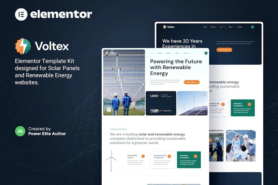 Voltex Kit de plantillas Elementor para empresas de paneles solares y energía renovable