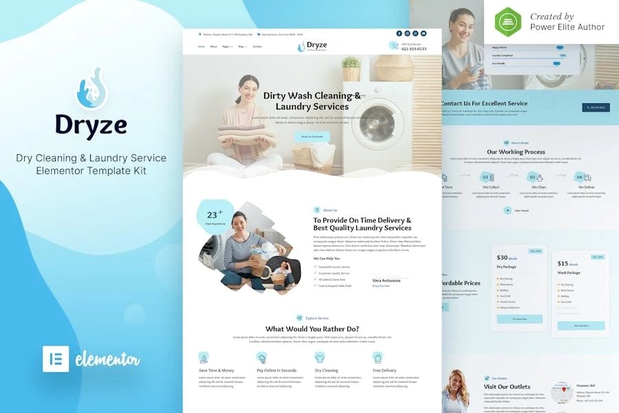 Dryze Kit de plantillas Elementor para servicio de tintorería y lavandería