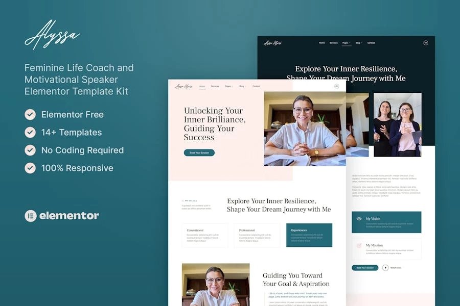 Alyssa Kit de plantillas Elementor para entrenadora de vida femenina y oradora motivacional