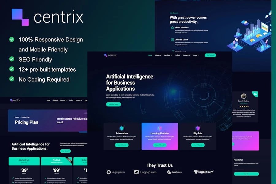 Centrix - Kit de plantillas Elementor para servicios de inteligencia artificial y tecnología