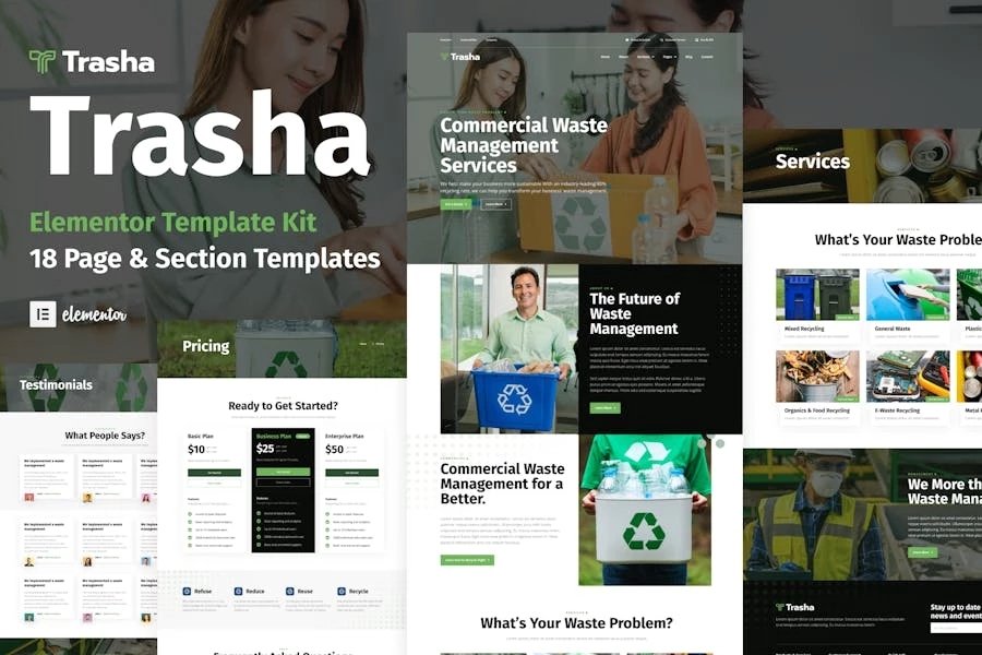 Trasha - Template Kit Elementor para el servicio de gestión y reciclaje de residuos