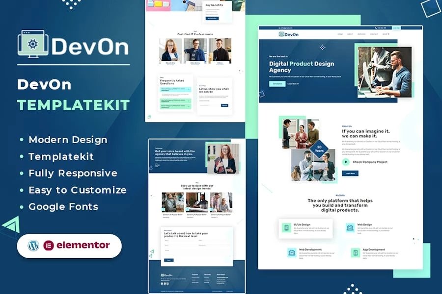 DeVon Template Kit Elementor para Agencia de diseño de productos digitales