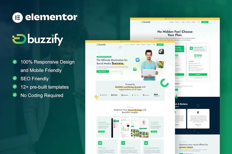 Buzzify - Kit de plantillas Elementor para agencia de marketing en redes sociales