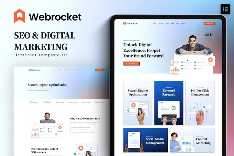 Webrocket - Kit de plantillas Elementor para agencias de SEO y marketing digital