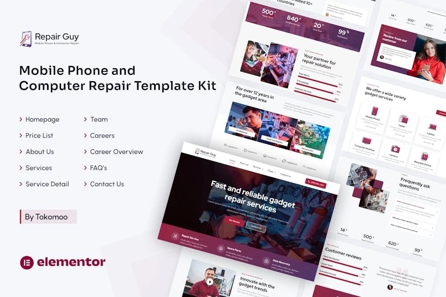 Repair Guy Kit de plantillas Elementor para reparación de teléfonos móviles y computadoras
