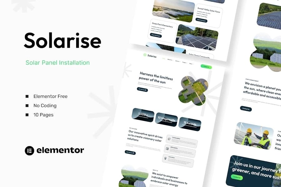 Solarise - Kit de plantillas Elementor para instalación de paneles solares