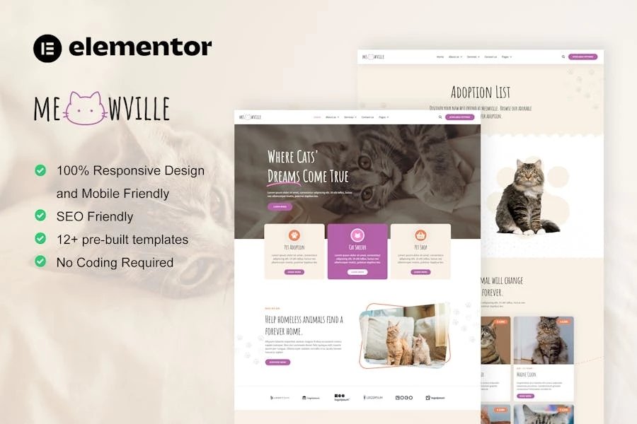 MeowVille - Template Kit Elementor para refugios de animales y criadores de gatos