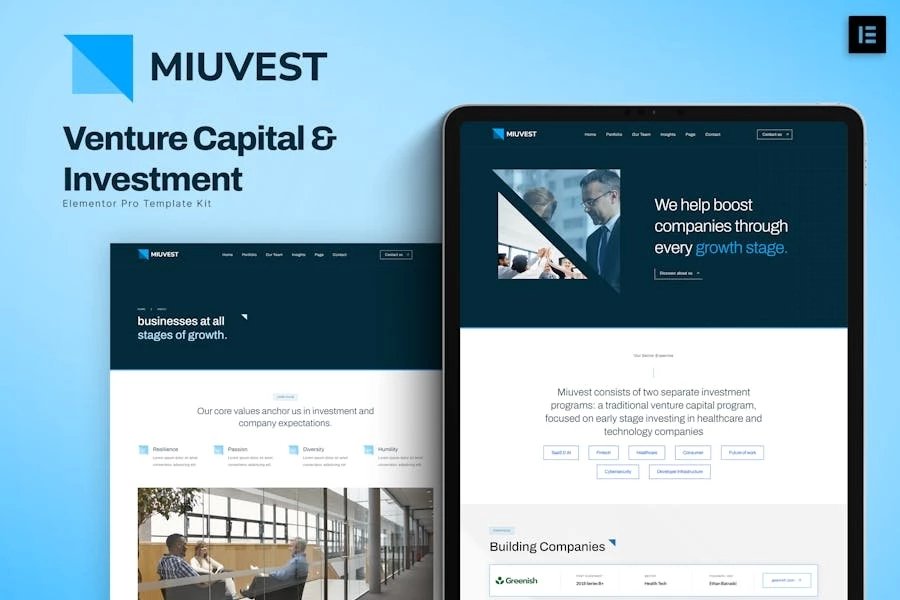 Miuvest - Kit de plantillas Elementor para capital de riesgo e inversión