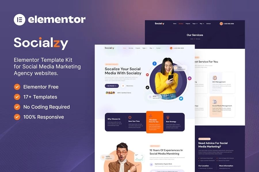 Socialzy - Template Kit Elementor para agencia de marketing en redes sociales