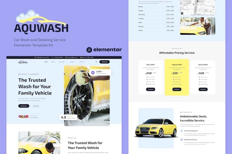 Aquwash - Template Kit Elementor para lavado de autos y servicios de limpieza