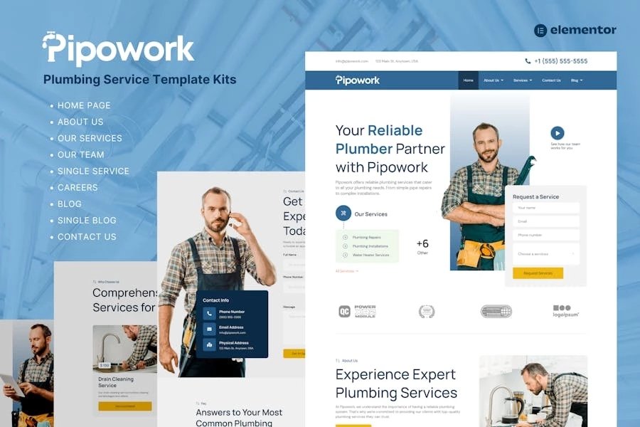 Pipowork - Template Kits de Elementor para empresas de servicios de fontanería