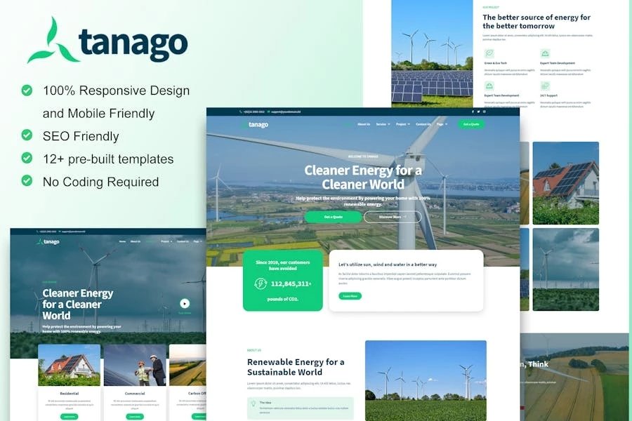 Tanago - Kit de plantillas Elementor de energía renovable verde