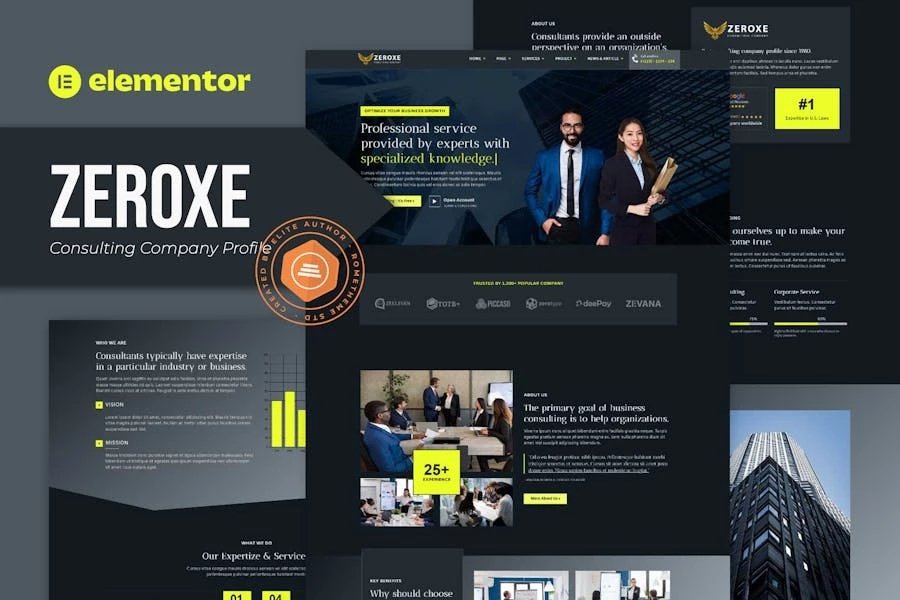 Zeroxe - Kit de plantillas Elementor para el perfil de una empresa consultora