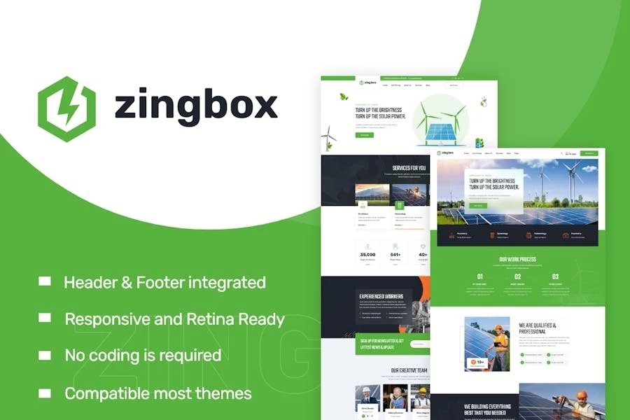 Zingbox Template Kit Elementor para energía eólica y solar