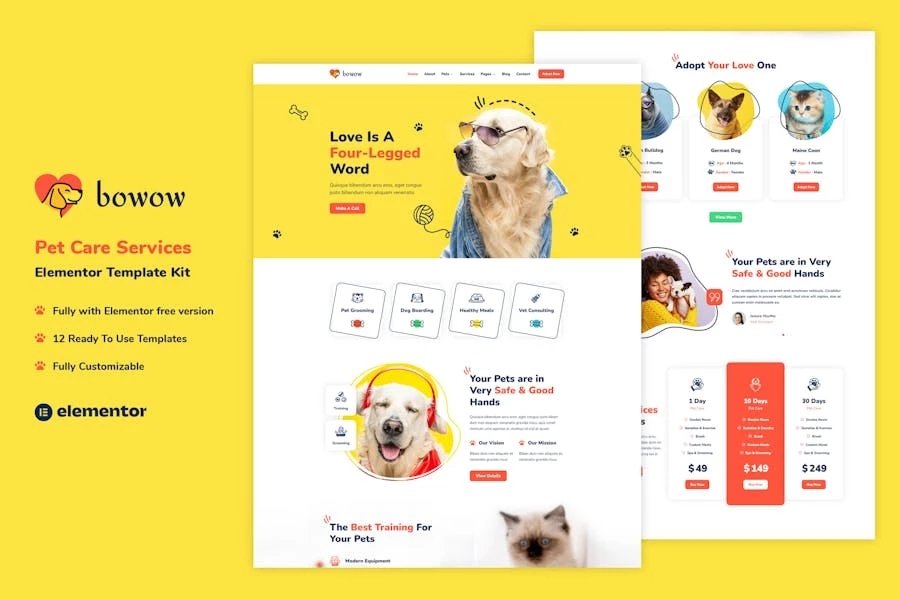 Bowow - Kit de plantillas Elementor para servicios de cuidado de mascotas
